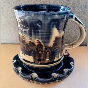 Handcrafted Ceramic Mug with Saucer - Blue and Cream